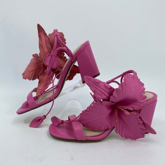 Cecelia Pink Hibiscus Heels | Size 7 Open Toe Block Heel - Picture 3 of 9